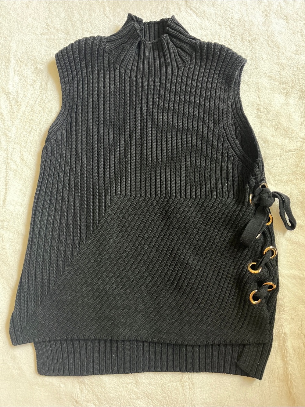 Black Sleeveless Ribbed Knit Top with Side Lace-Up